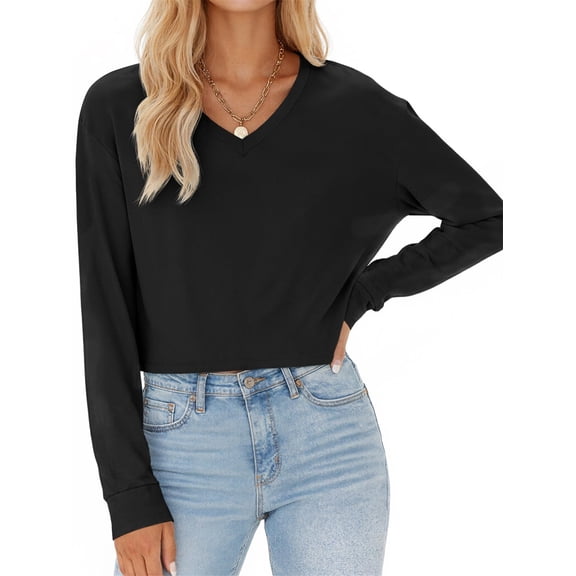 Women Long Sleeve Solid Color V Neck Cropped T Shirts Crop Tops