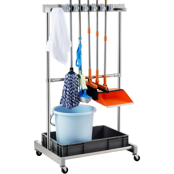 10-Slot Heavy-Duty Yard Tool Organizer with Hooks & Wheels, Rolling Garage Storage Rack for Long-Handled Tools, Brooms, Rakes – Metal Tower Stand for Shed/Outdoor Use