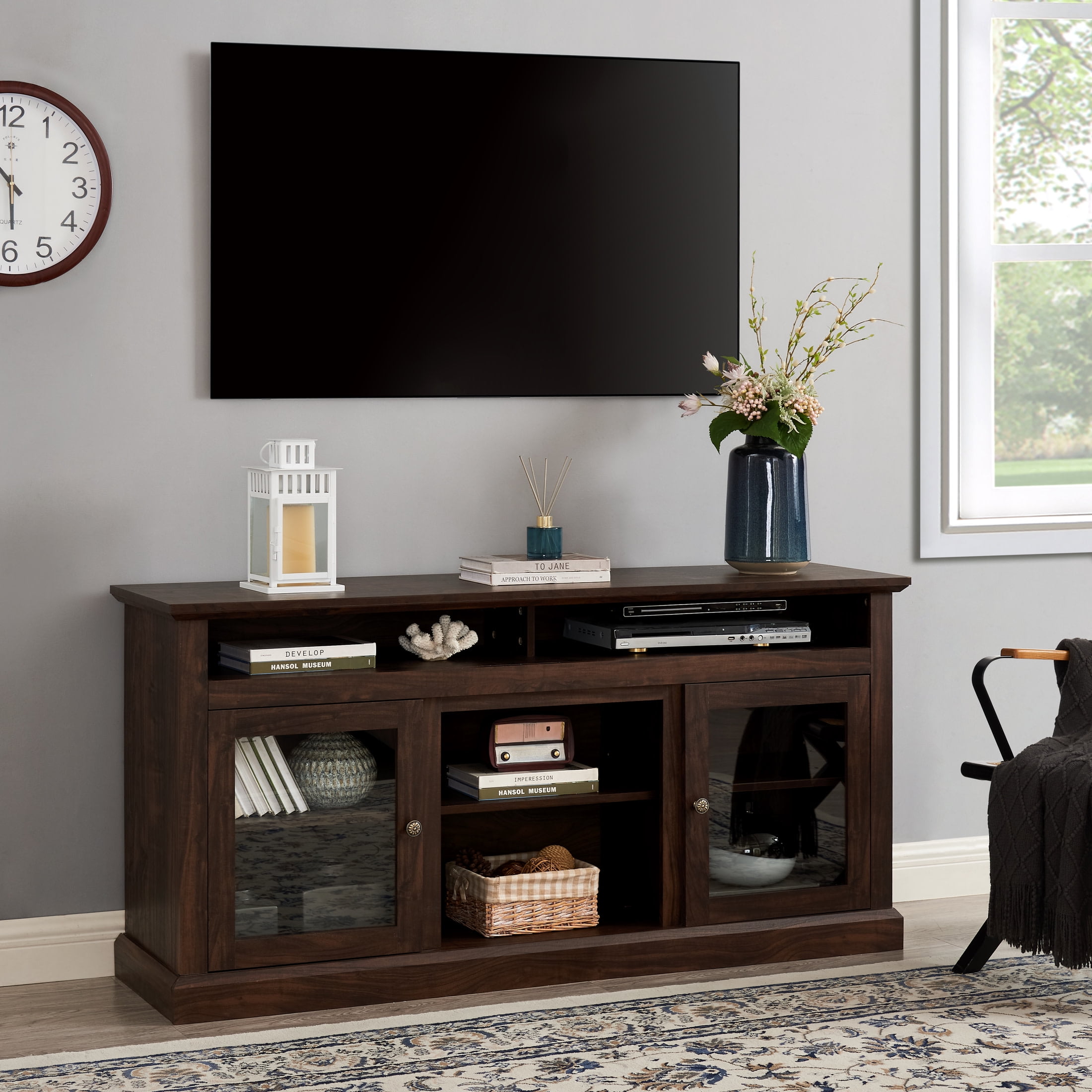 Noble House Fenriver 60" Farmhouse TV Stand, Media Console for 65" TVs with Glass Doors & Cable Management, Brown