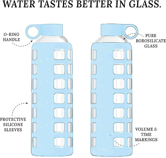 purifyou Premium 40/32/22/12 oz Reusable Borosilicate Glass Water Bottles with Time and Volume Markings, Non-Slip Silicone Sleeve & Stainless Steel Lid Insert (40oz Ice Blue)