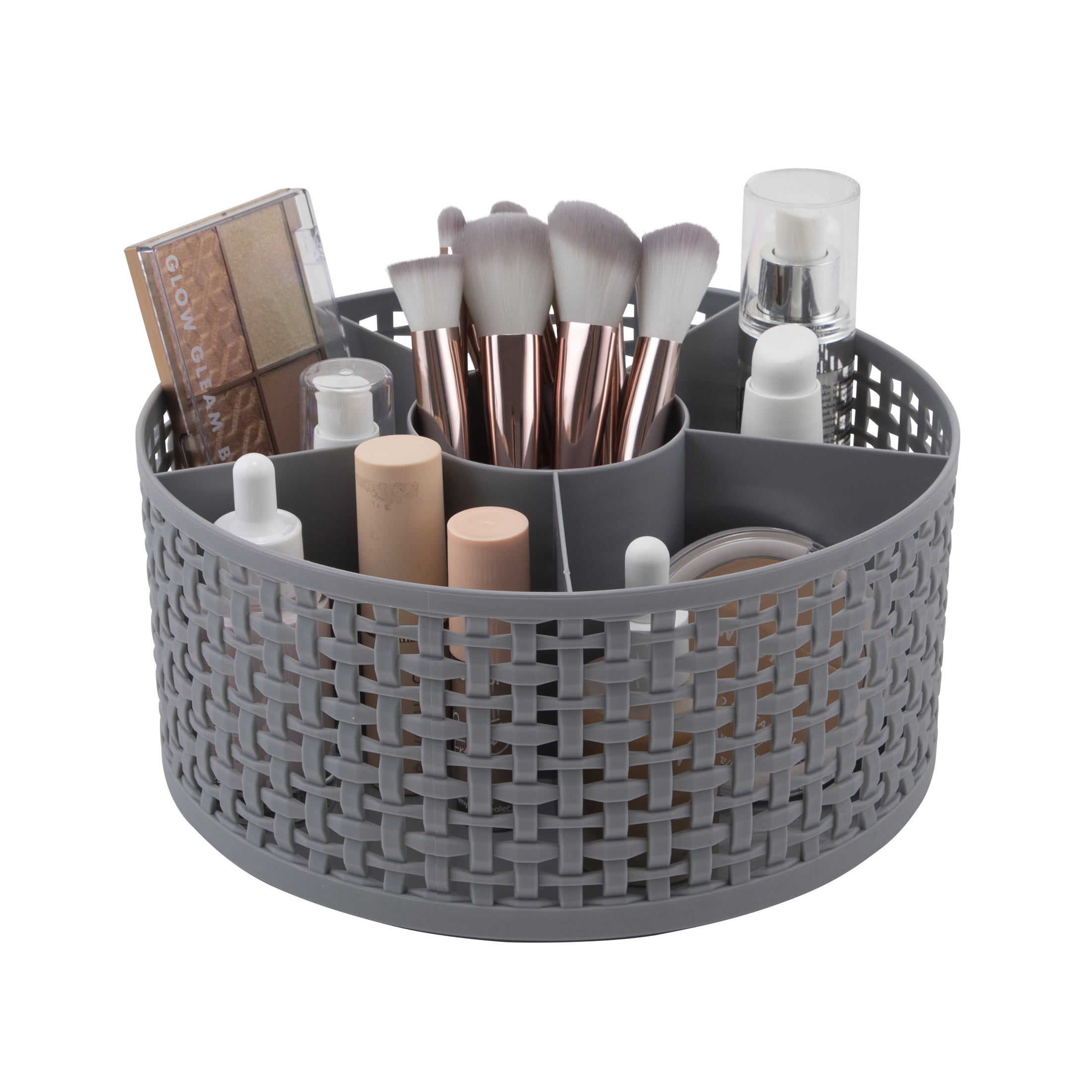 Thinkspace Brand Extra Large Weave Rotating Beaty Organizer, Gray. 6 Large Compartments to keep all of your Makeup and Cosmetics Organized.