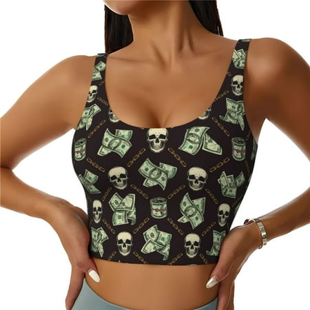 Jgfou Skulls Gold Chains Dollar Print Womens Sports Bra - Padded Workout Sports Bras Crop Tank Top