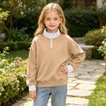 thumbnail image 3 of YUANxueke Boys & Girls Fleece Color Block Sweatshirt Long Sleeve Zip Up Mock Neck Pullover Top,Beige,11 Years, 3 of 8