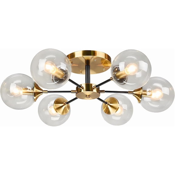 KCO Lighting Mid Century Modern Gold Ceiling Lighting 6-Light Clear Globe Ceiling Light Black Metal Hallway Light