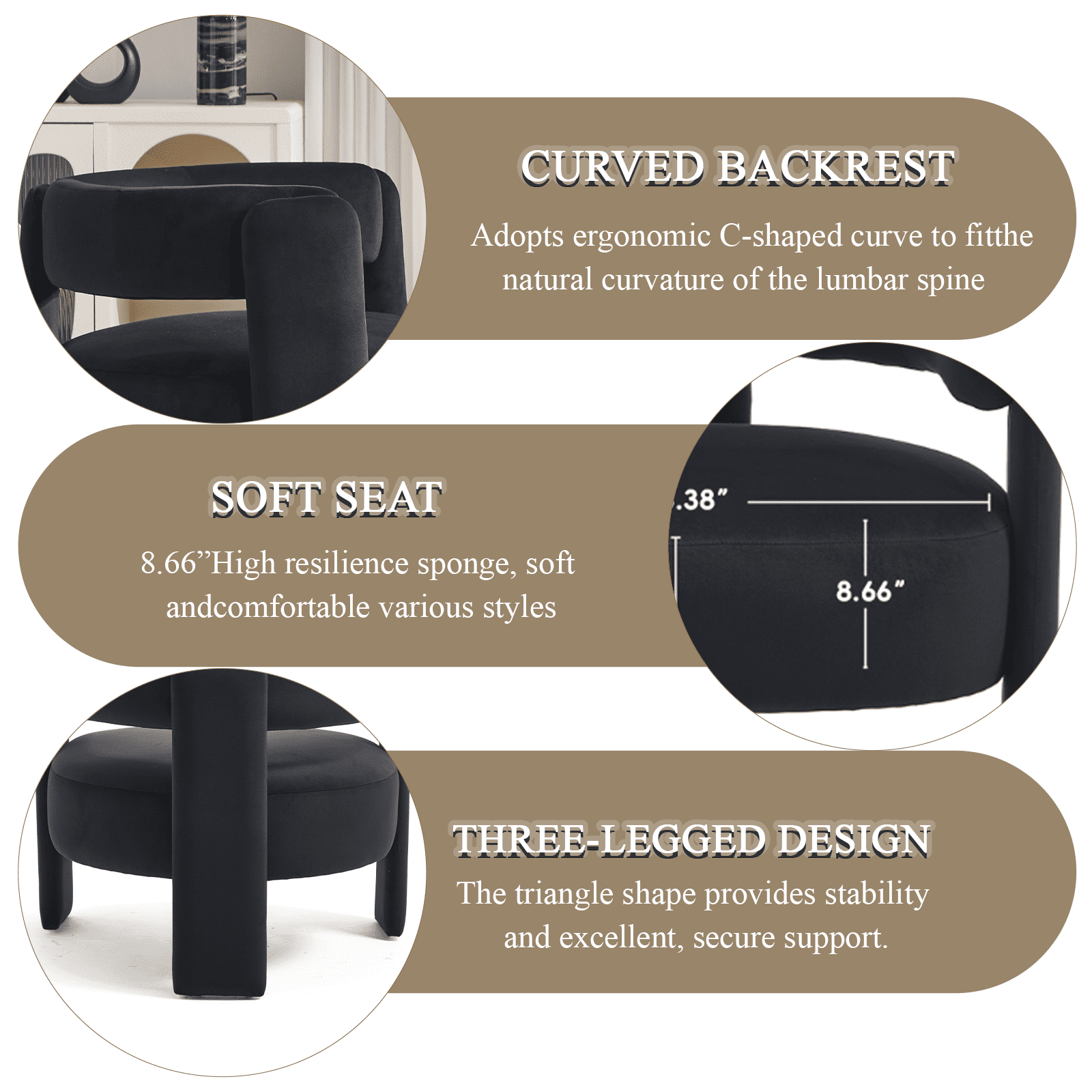 Aukfa Modern Velvet Barrel Accent Chair with 8.66" Thick Seat Cushion, Upholstered Armchair with 300 lb Weight Capacity for Living Room,Black