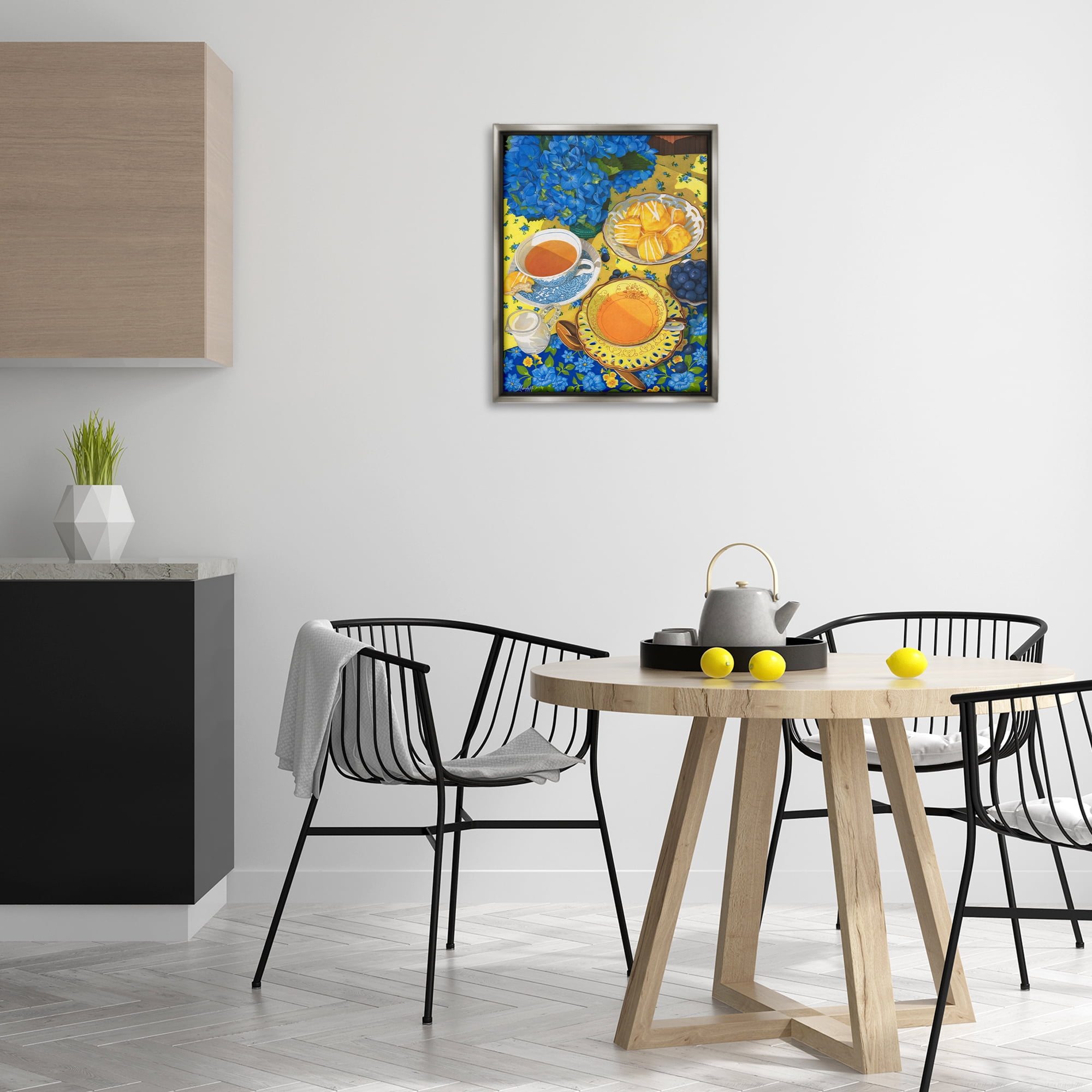 Stupell Industries Blue & Yellow Tea Party Food & Beverage Painting Gray Floater Framed Art Print Wall Art, 17 x 21