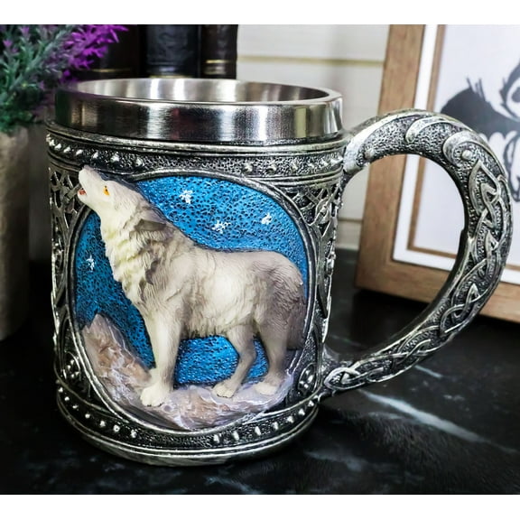 Celtic Howling Direwolf Gray Wolf At Starry Night Mountains Coffee Mug 14oz