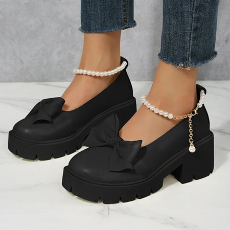 

NECHOLOGY Wedge Pumps Shoes Women Ladies British Fashion Solid Leather Bowknot Pearl Buckle Thick High Heel Champagne High Heels Black 6.5