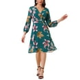 thumbnail image 2 of INSPIRE CHIC Women's Boho Floral V Neck Bishop Sleeve Below The Keen Wrap Dress XL Dark Green, 2 of 6