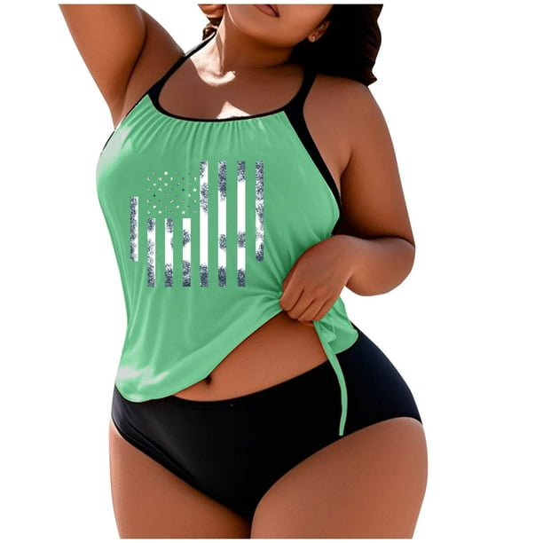 Traje de baño de moda para mujer, de talla grande, con estampado, con cojín en el pecho y sin soporte de acero, holgado, con cordón ajustable, dividido.