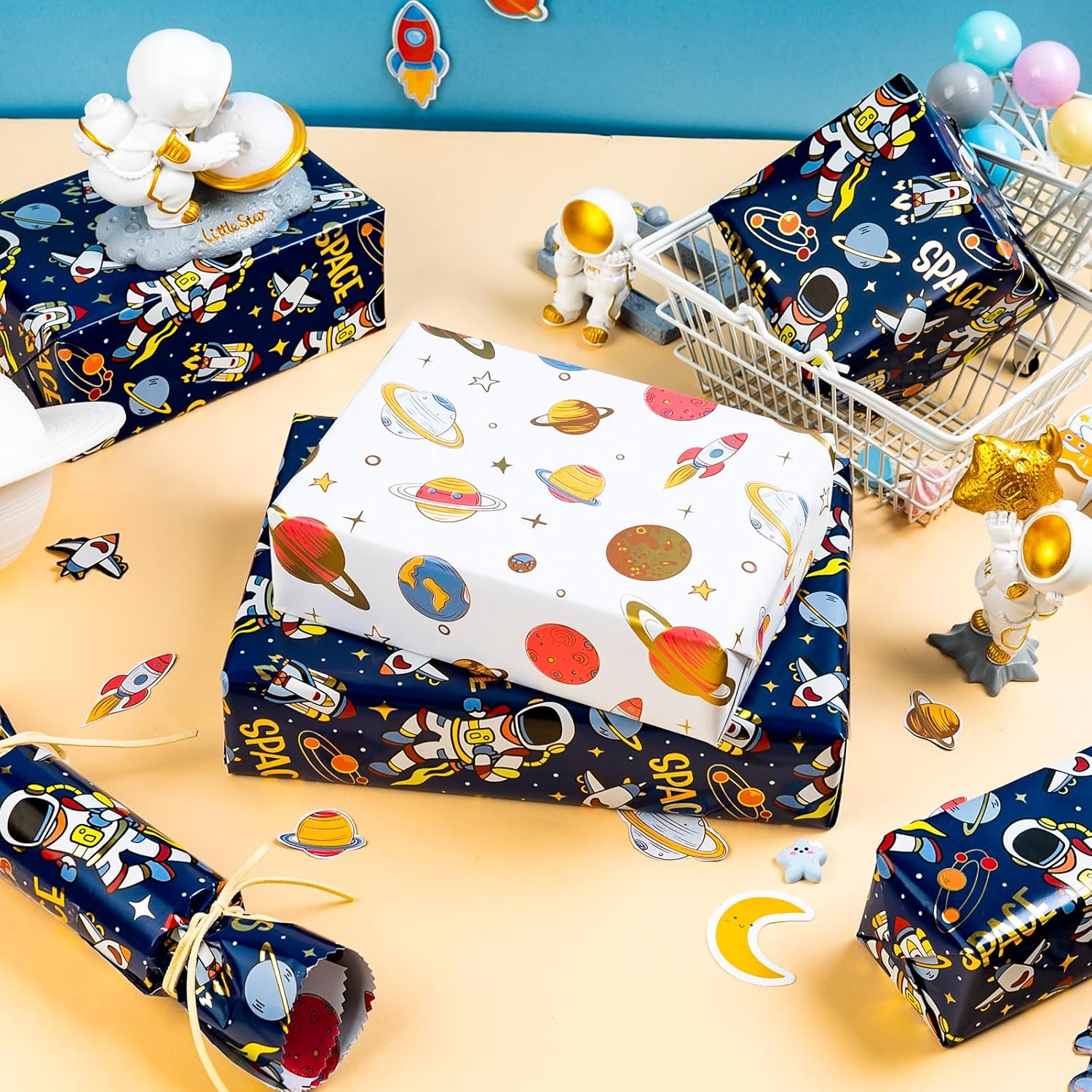 Space Wrapping Paper Roll, Birthday Wrapping Paper for Boys, Navy Blue Astronaut Gift Wrap for Kids Birthday Outer Space Party Decor RocketShip Wrap Galaxy Planets Stars (17 Inch X 33 Feet)