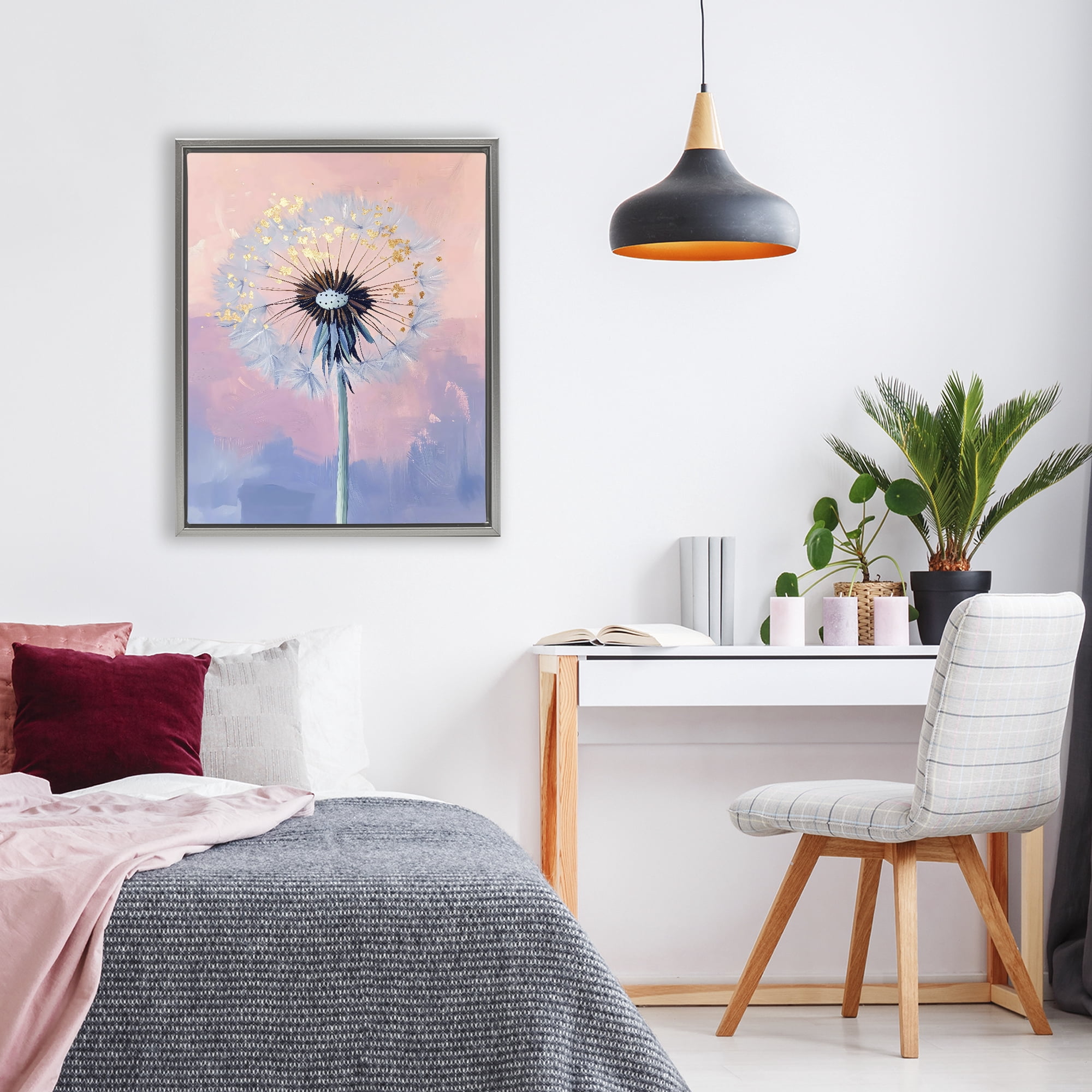 Stupell Industries Pastel Dandelion with Gold Seeds Gray Framed Floater Canvas Wall Art, design by The Prints Vibe
