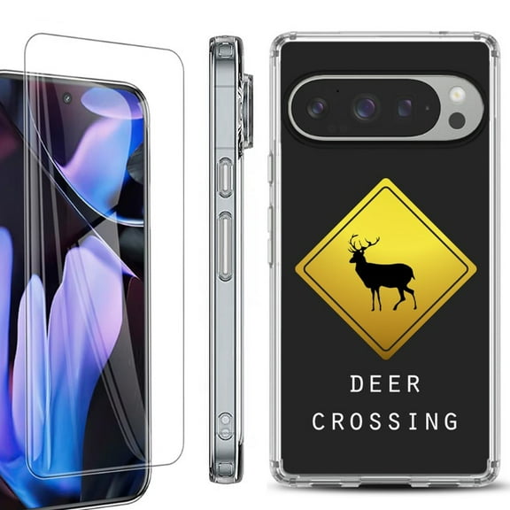 For Google Pixel 9 Pro XL Phone Case Cover, Shockproof Bumper Case with Tempered Glass Screen Protector, by OneToughShield - Road Sign Deer