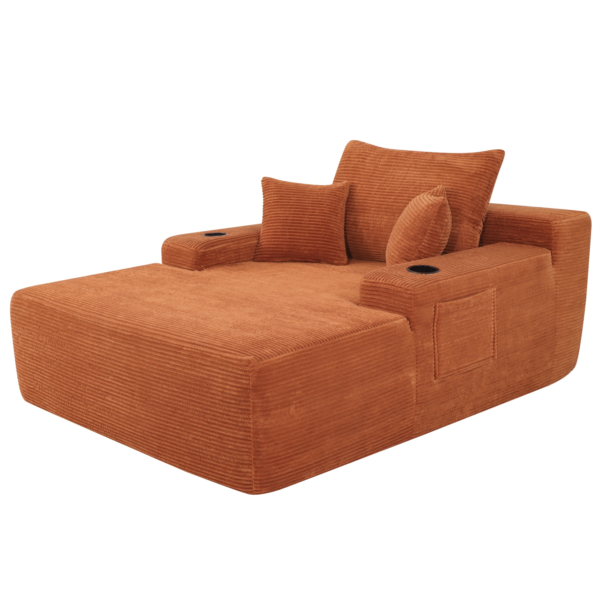 Leumius Oversized Chaise Lounge Chair Indoor,Upholstered Corduroy Cloud Couch Boneless Sofa Bed with Wide Armrest & Throw Pillows,Cup Holder for Living Room,Bedroom,No Assembly Required,Orange
