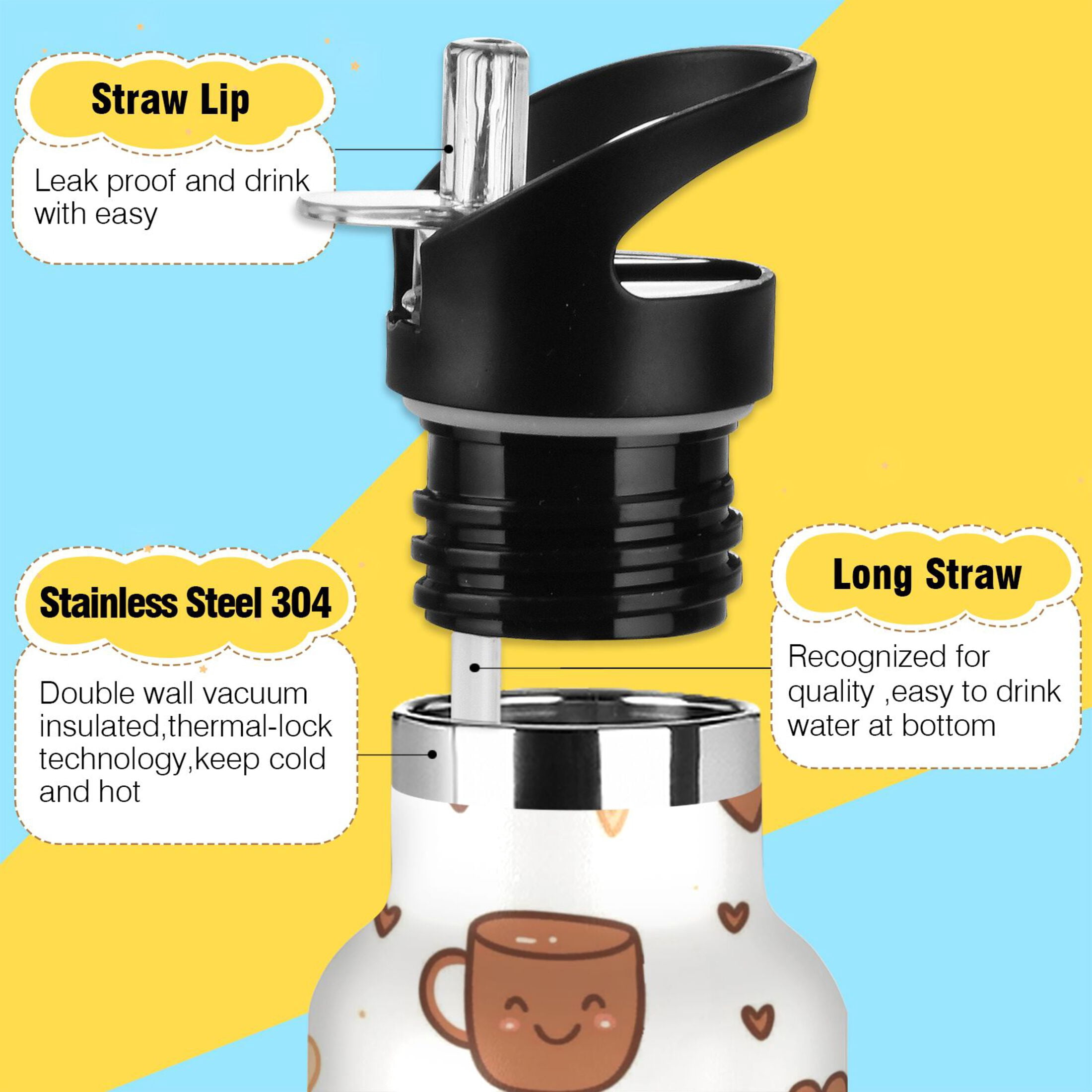 Kids Insulated Stainless Steel Sports Water Bottle 600ml (20oz) Cute Coffee Cup Pattern