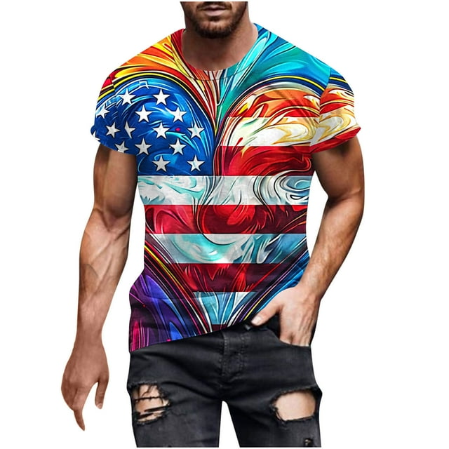 Hombres Pantalones Cortos, Día de la Independencia Impreso, Cuello Redondo Camisetas de Manga Corta