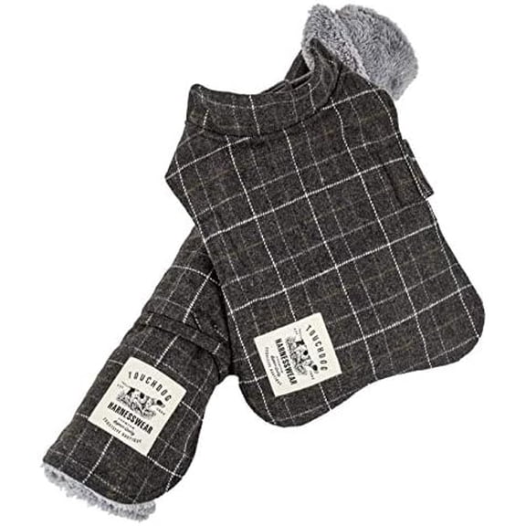 Touchdog 2-In-1 Windowpane Plaided Dog Jacket With Matching Reversible Dog Mat, Dark Grey Plaid - Medium