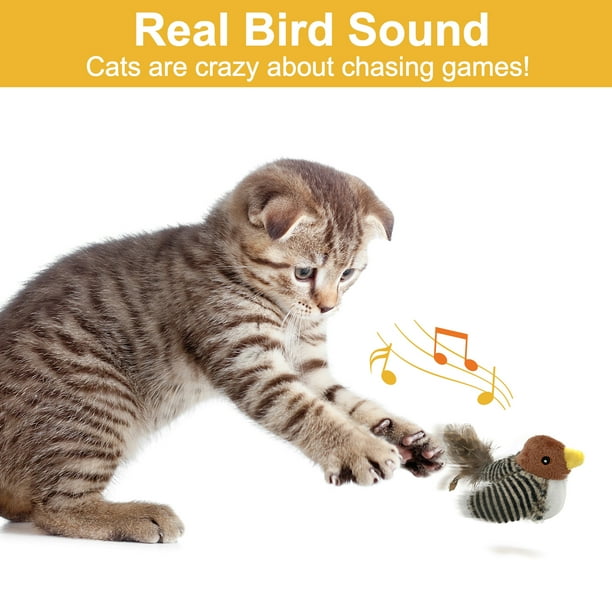 Furrygo Interactive Electronic Cat Toy Automatic Chirping Bird Toy Squeaky with Feather Tail Melody Chaser Toy for Cats to Play Alone Play and