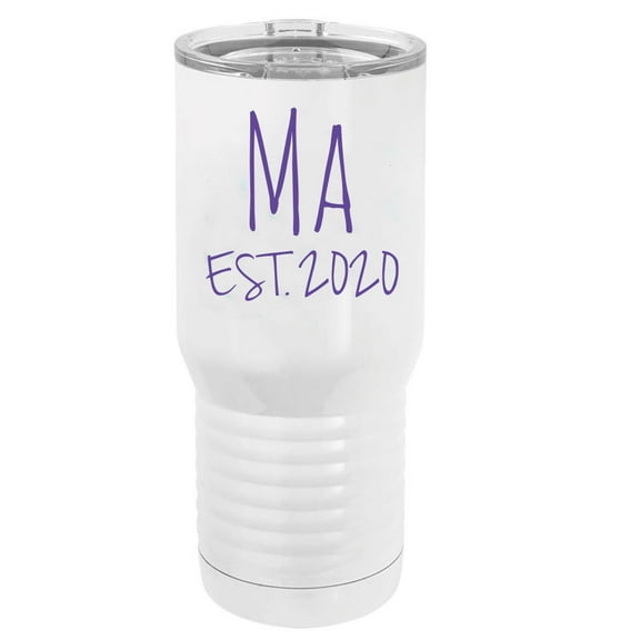 Ma Est. 2020 Established Stainless Steel Vacuum Double-Walled Insulated 20 Oz Tumbler Travel Coffee Mug with Clear Lid, White