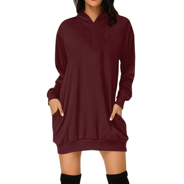 Robe Décontractée à Manches Longues et Capuche pour Femmes Couleur Unie