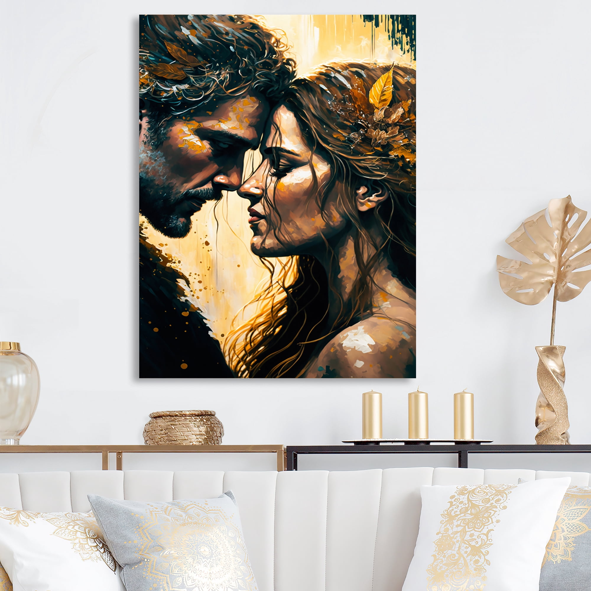 Designart Black And Gold Couple Kissing Art I Canvas Wall Art