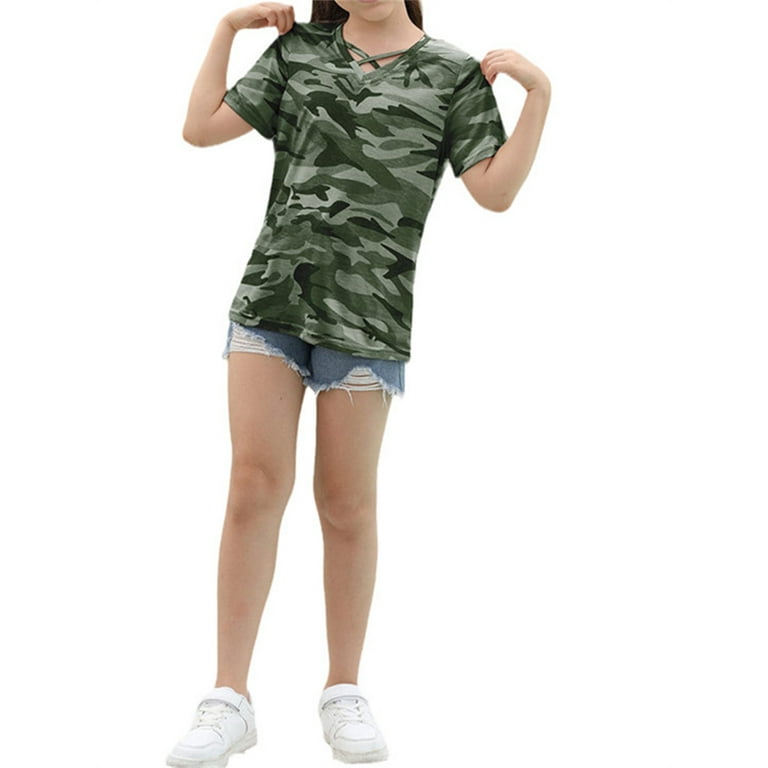 T-Shirt Sleeved Short Langwyqu Girls Children Camouflage Cross Print Tops Kids