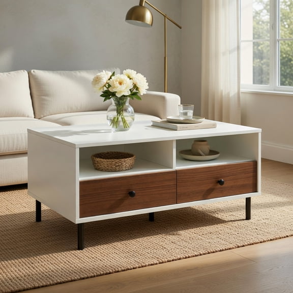 Topcobe 2 Tier 40" Length Modern Rectangle Coffee Table with Storage Shelf and Drawers, Living Room Furniture Table, Living Room Center Table, White