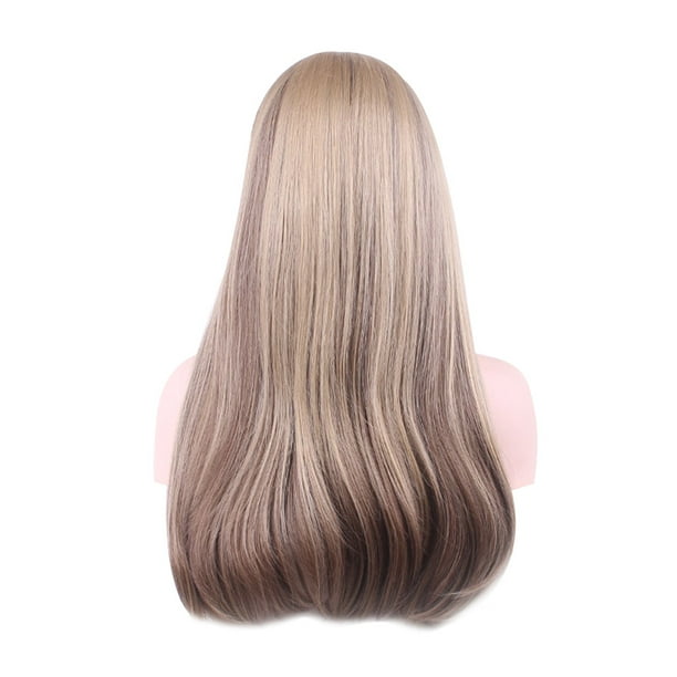 Vogacara Pelucas sintéticas para mujeres y niñas con flequillo, mezcla de colores rubios, peluca de pelo largo y recto, resistente a la fibra Cuidado del cabello
