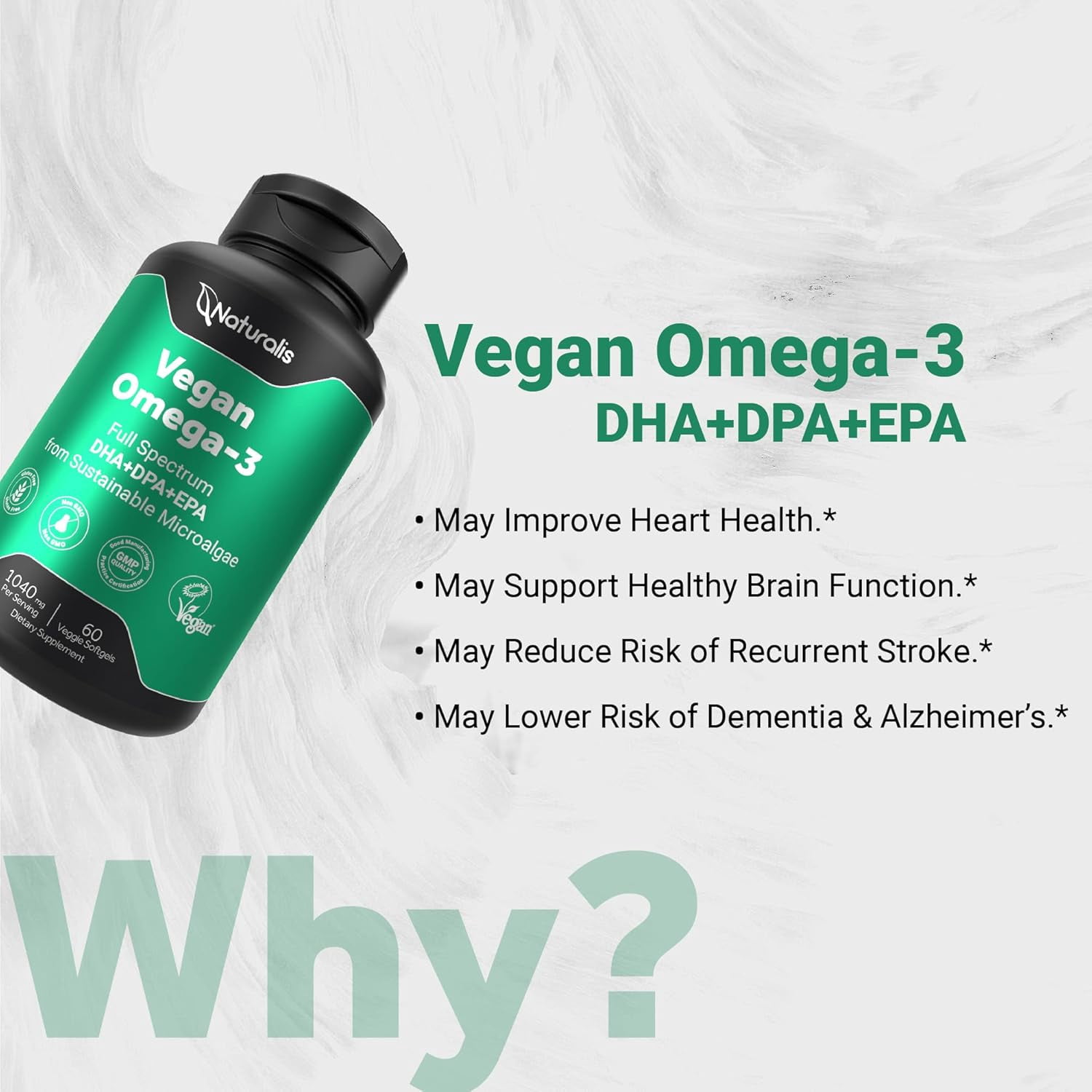 Naturalis【520mg Per Softgel】Vegan Omega 3 DHA, EPA & DPA from Algae | Vegan Society Certified, Sustainably Sourced, True Full Spectrum | 120 Veggie Softgels (Carrageenan Free)