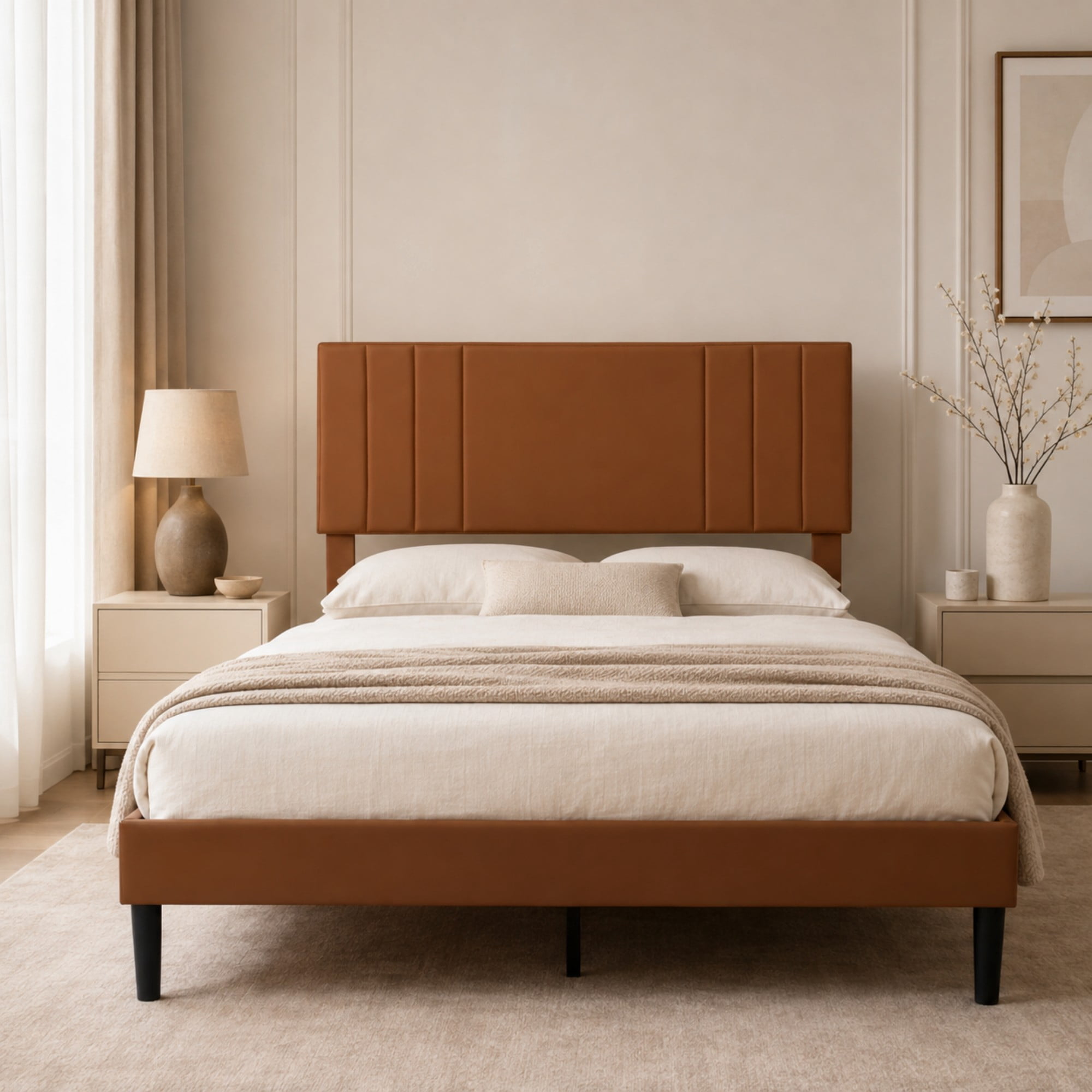 BSHTI Queen Size Faux Leather Upholstered Platform Bed Frame with Adjustable Headboard, Wood Slats, No Box Spring Needed for Bedroom（Brown）