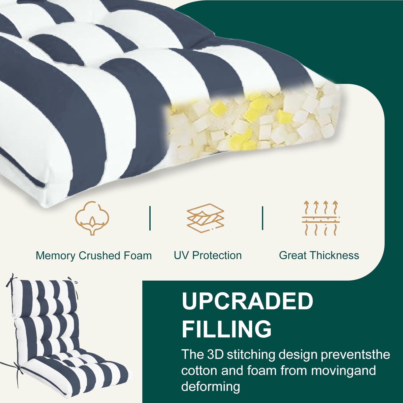 XXLYY Outdoor High Back Chair Cushions 2-Pack, 44”x22”x4” Waterproof Fade-Resistant Cushions with Ties for Adirondack & Rocking Chairs