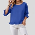 thumbnail image 3 of Towmus Womens 3/4 Sleeve Tops Knit Cotton Ladies Blouses Crew Neck T Shirts for Women Loose Fit Ruffle Sleeve Tunic Tops, S, Blue, 3 of 8