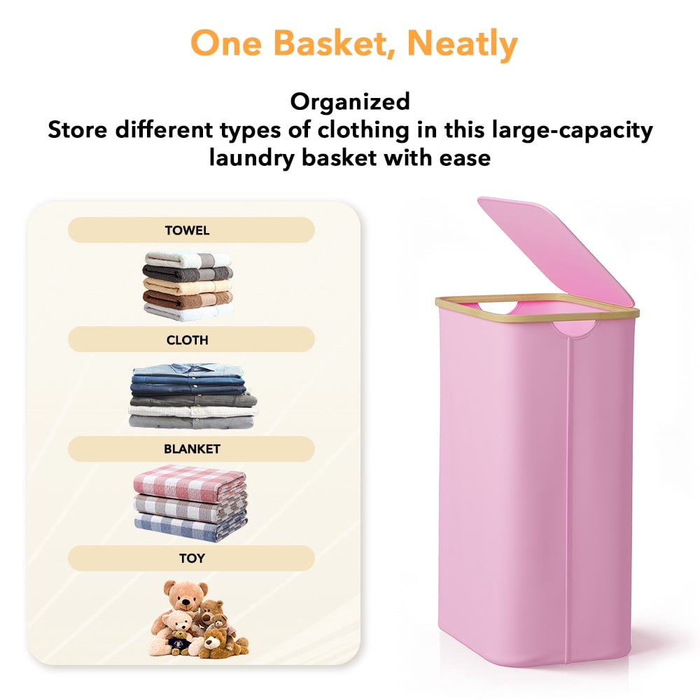 PLUMEBAY 110L Laundry Hamper with Lid, Large Foldable Clothes Basket with Bamboo Handles, Tall Fabric Hamper for Bedroom, Bathroom, Dorm, Pink