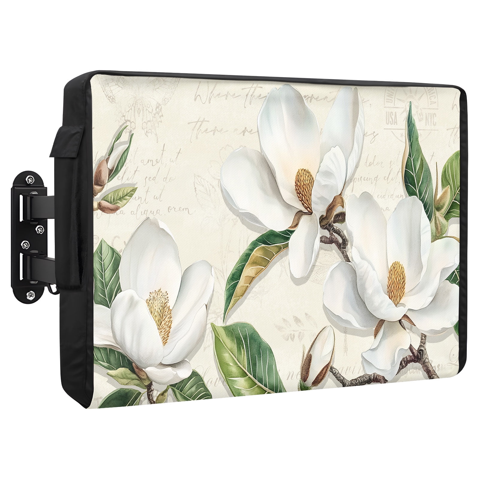 Magnolia Flower Outdoor TV Cover 52 to 55 Inch Green Leaf Pastoral Retro Background Weatherproof and Waterproof TV Cover Heavy Duty Outside Flat TV Screen Protector with Remote Control Pocket