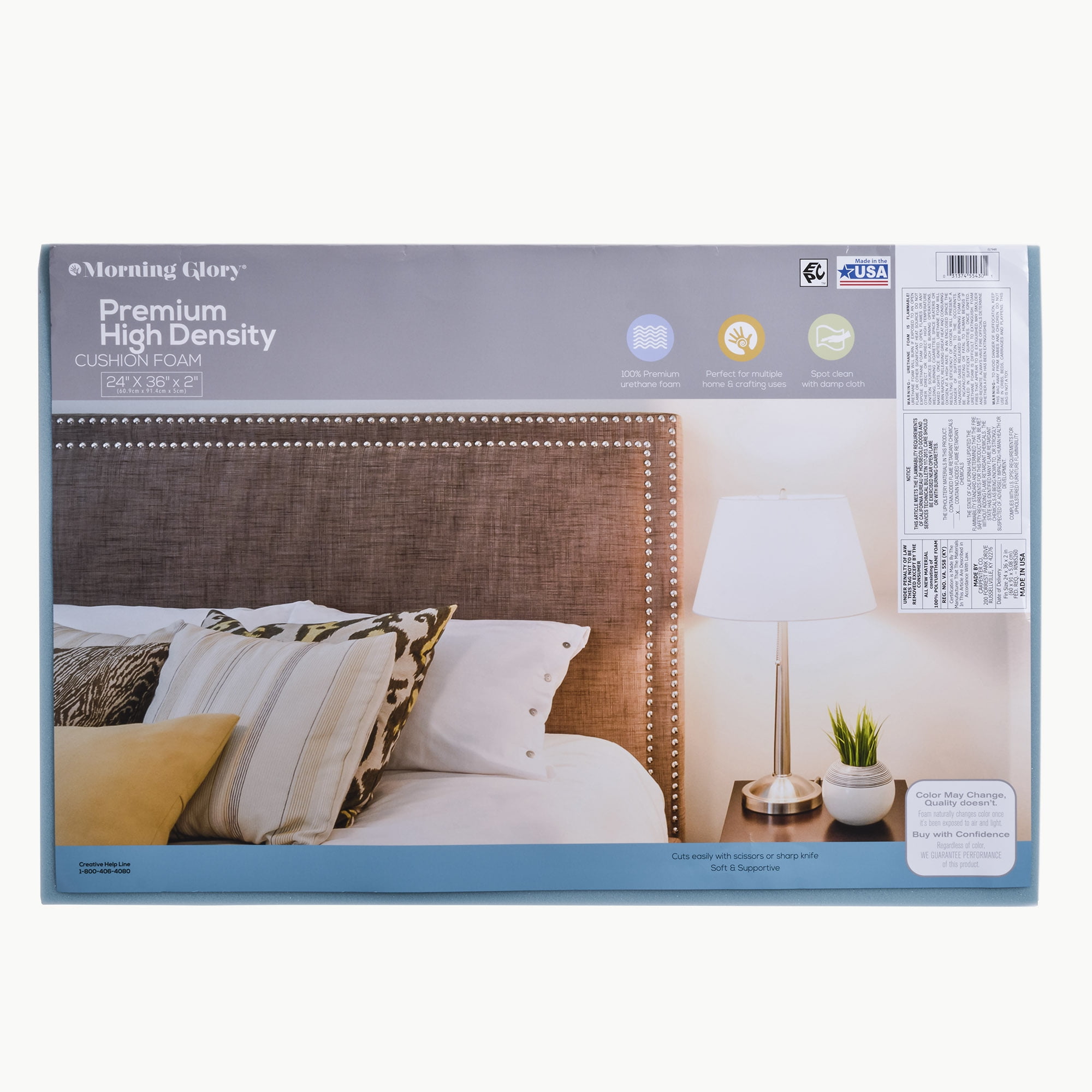 Morning Glory High Density Craft and Cushion Foam, 24" x 36" Rectangle x 2" Thick, 1 Each. Blue