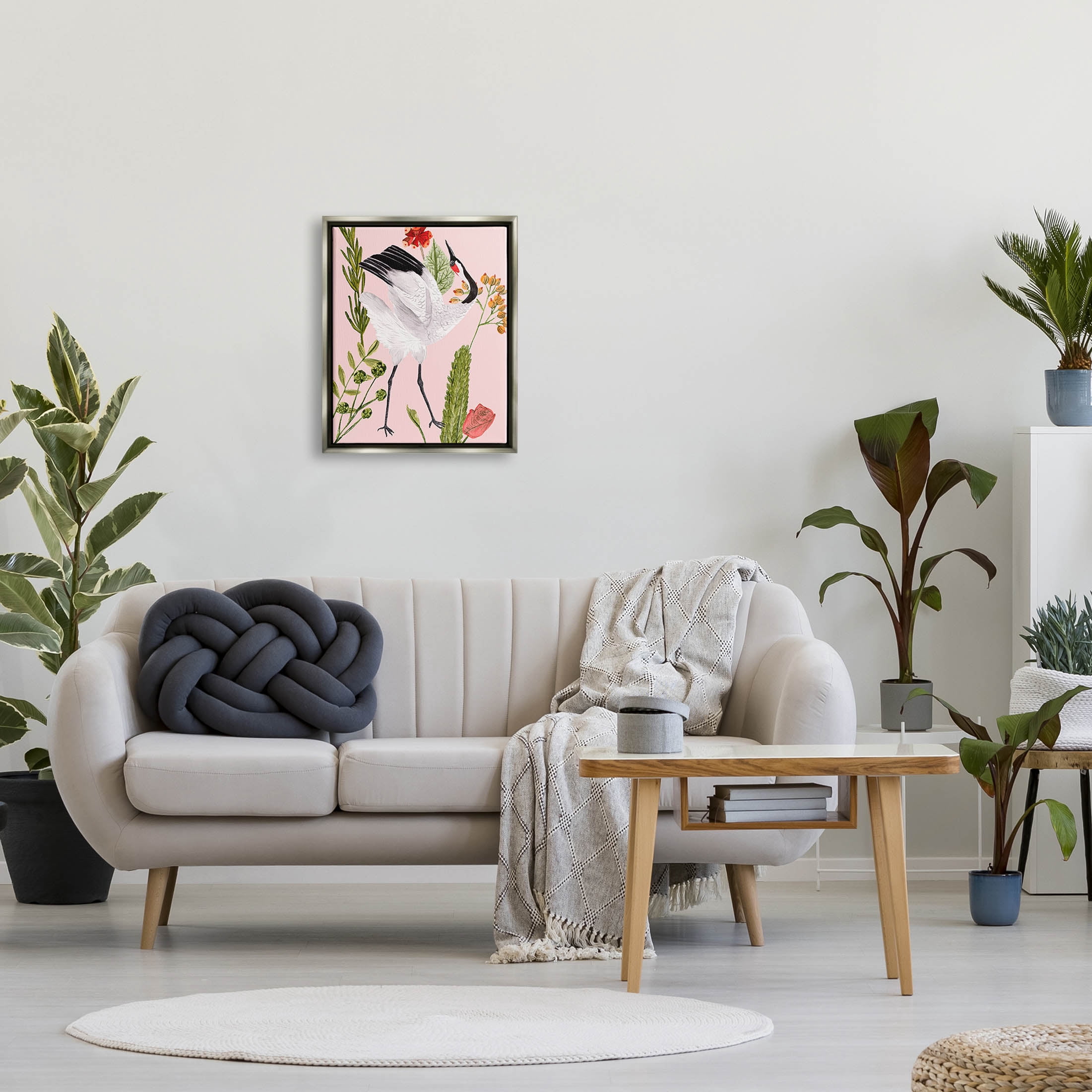 Stupell Industries Tropical Crane Bird Botanicals Graphic Art Luster Gray Floating Framed Canvas Print Wall Art, Design by Melissa Wang