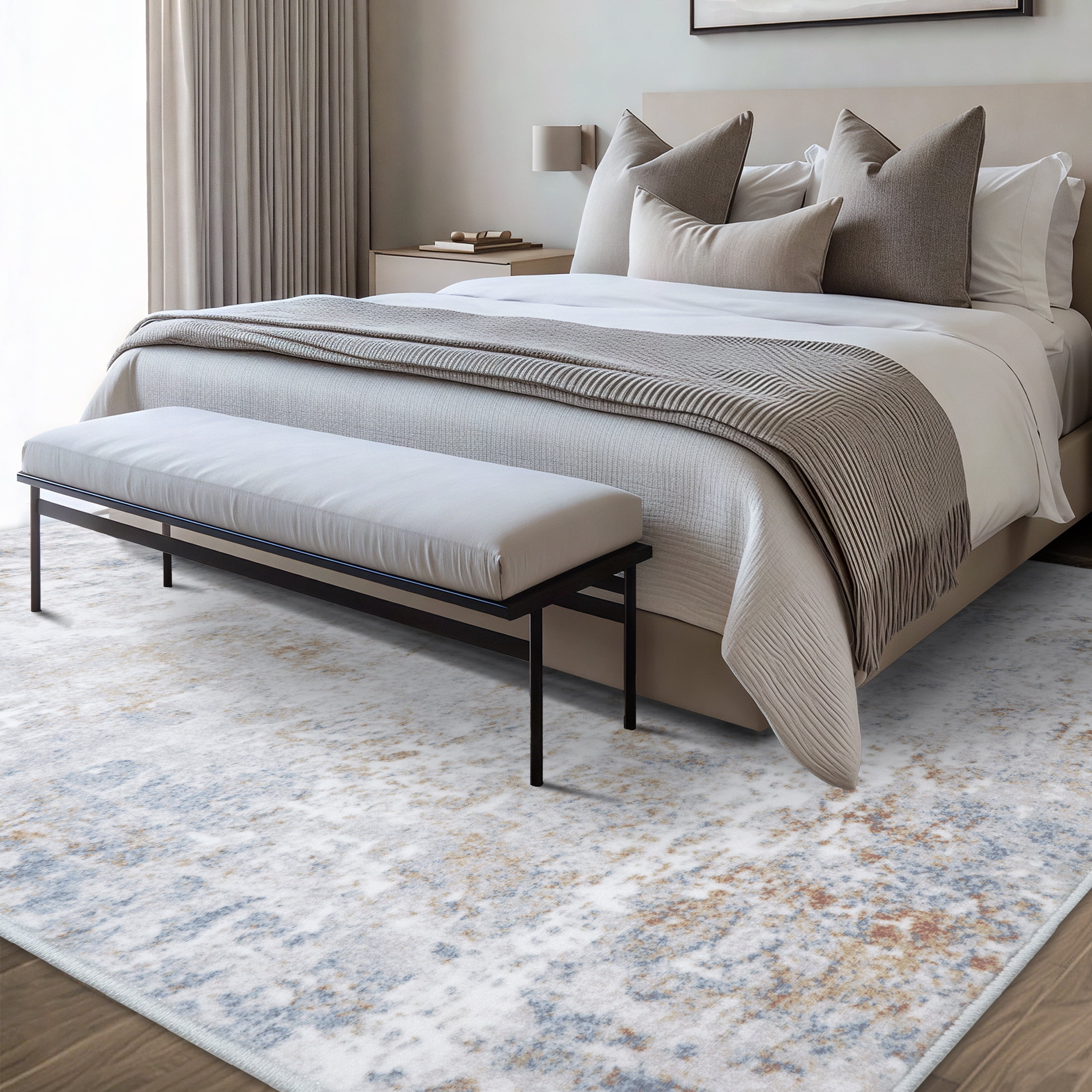 ARJINCUTE Distressed Abstract Beige Orange Area Rugs 9'x12', Low Pile Machine Washable Non-Slip