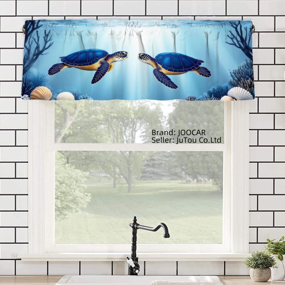 JOOCAR Polyester Window Valance Curtain with Blue Turtles and Seashells Design for Home Kitchen Living Room Bedroom Bathroom Decor 54x18 inch