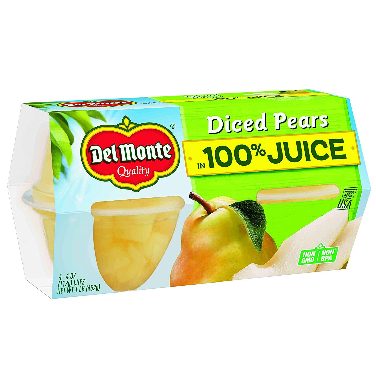 Del Monte Diced Pears Fruit Snack Cups in 100% Juice, 4-Ounce, 4-Count (Pack of 6)