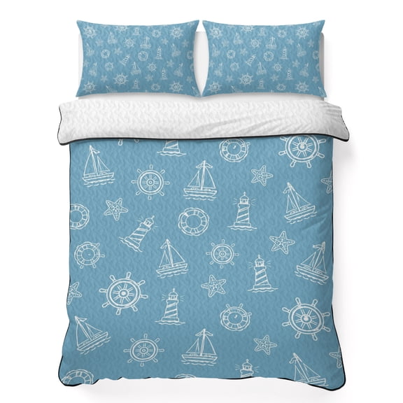 Twin XL Quilt Bedding Set, Sailboat Starfish Ship Wheel Pattern Soft Microfiber Summer Bedspread Coverlet with 2 Pillow Shams for All Season, Blue Background Breathable Bedding Set for Hot Sleepers