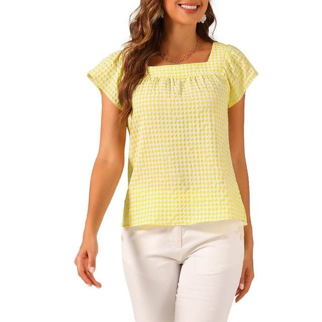 INSPIRAR CHIC Blusa de Mujer de Verano con Cuello Cuadrado y Mangas Cortas de Gingham XL Amarillo