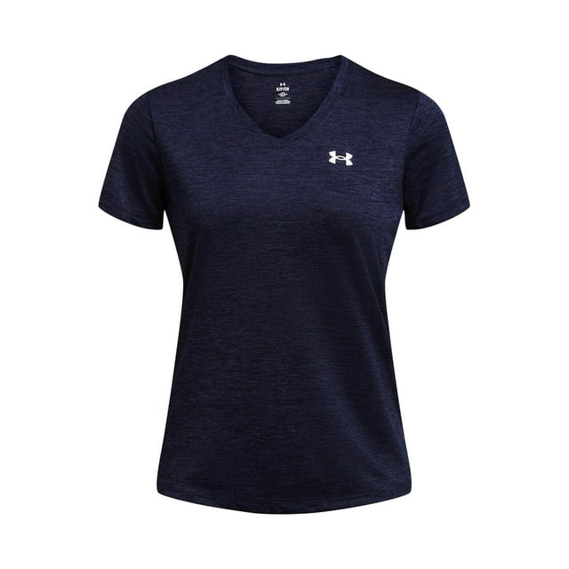 Camiseta Under Armour Tech Twist para mujer, cuello en V, azul marino/blanco, talla M