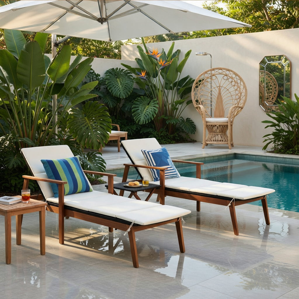 Hommoo 3-Piece Outdoor Rattan Lounge Chair Set with Foldable Side Table, Adjustable Reclining Patio Seating for Deck, Pool & Backyard, White