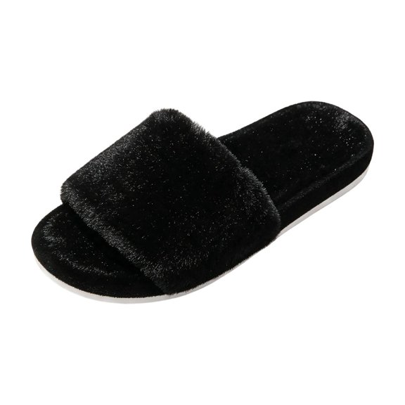 XFeng Women Black Fuzzy Faux Fur Slide Slippers Open‑Toe House Slippers