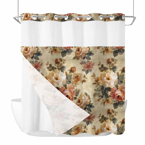 Retro Orange Spring Floral No Hook Shower Curtain with Snap in Liner, Waterproof Fabric Shower Curtains, Vintage Botanical Peony Farmhouse Shower Curtain Set Top See Through for Bathroom 66"x72"