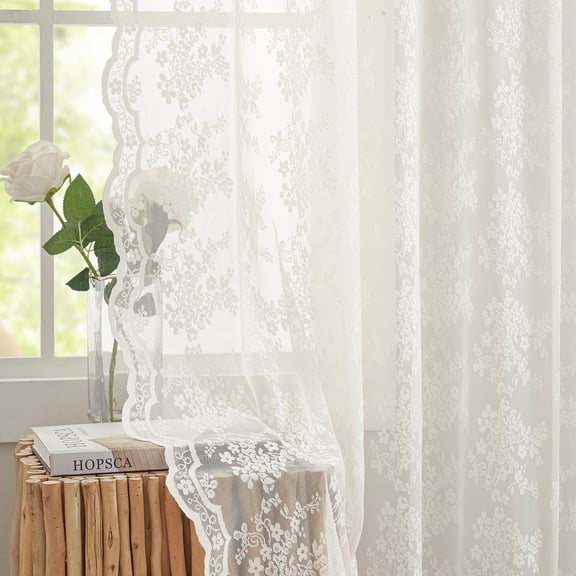 Vintage Lace Curtains 84 Inches Long-Victorian Floral Pattern Ivory Sheer Curtain Panels for Living Room Bedroom French Door, Light Filtering Drapes, 2 Panels 52W x 84L Cream