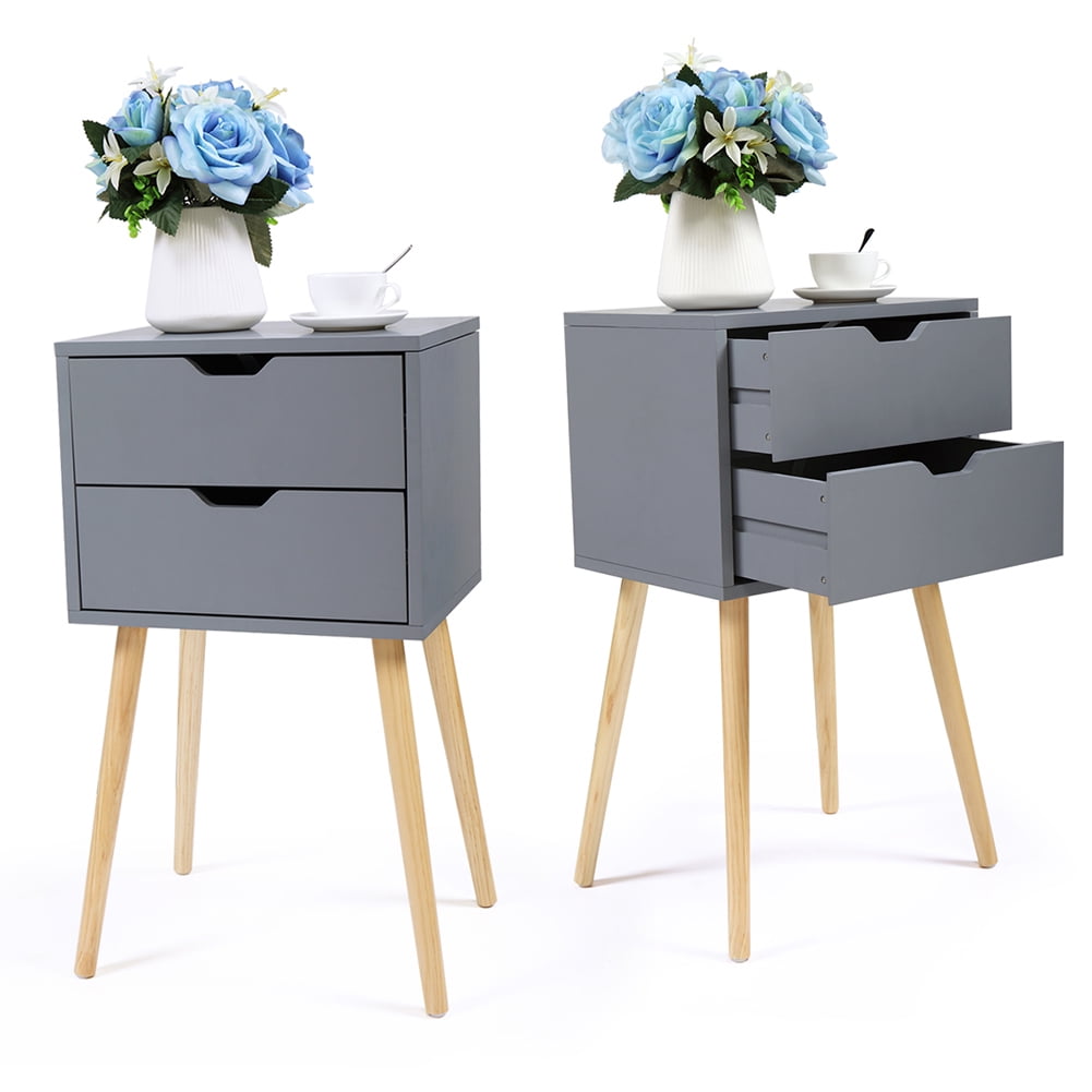 Kepooman 2 Pieces Drawer Chest for Living Room, Modern Design Nightstand for Bedroom, Solid Wood End Table for Hallway, Grey
