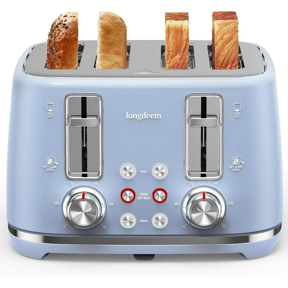 LONGDEEM 4 Slice Toaster, 6 Browning Options, Wide Slots, High Lift Lever, Dual Controls, Blue