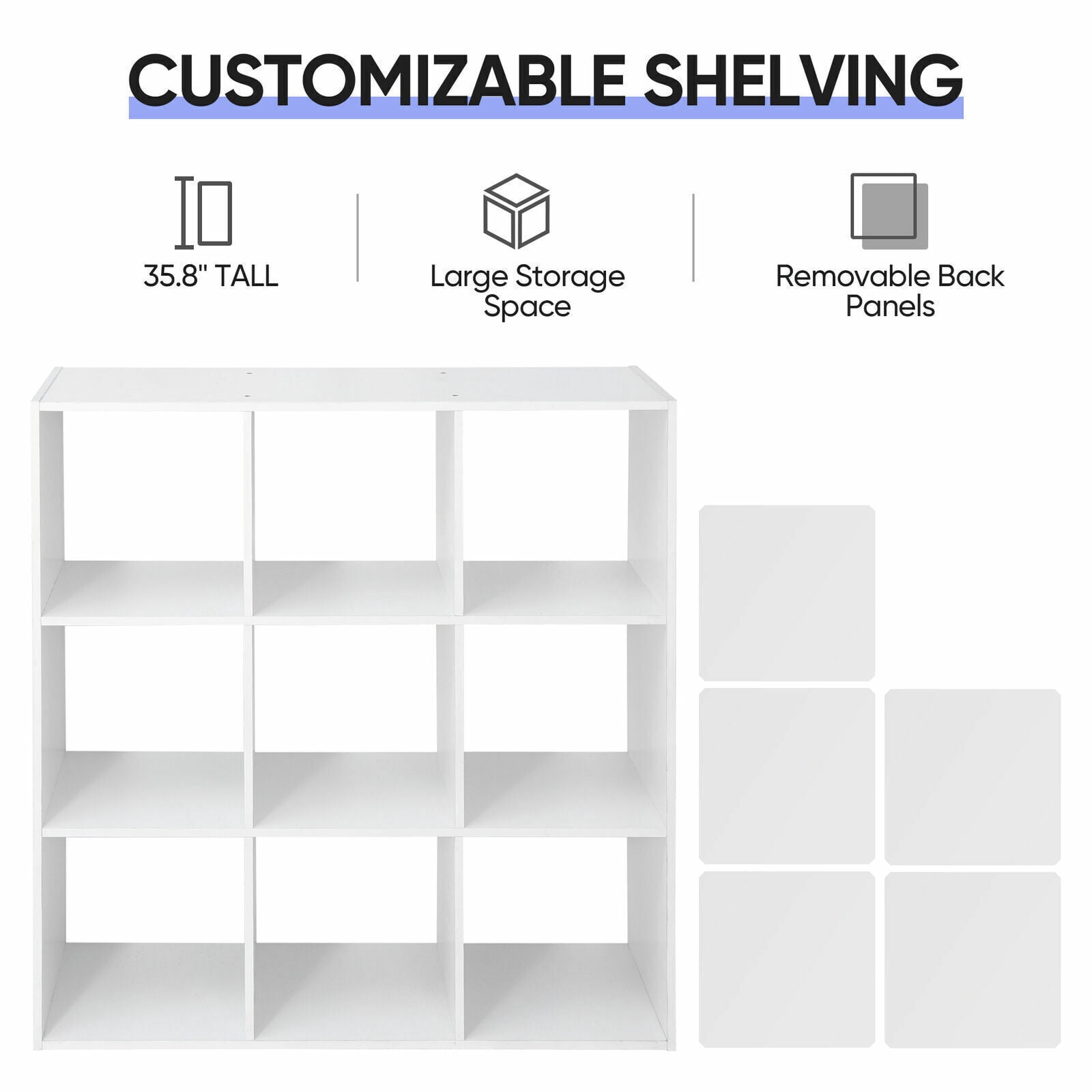 LINJH 9 Cube Storage Organizer Wooden Bookcase Bookshelf W/5 Removable Back Panels-White