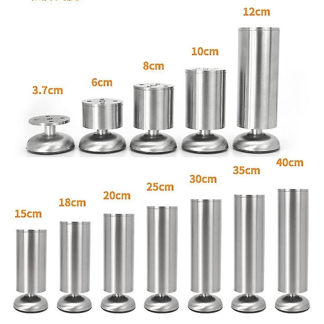 patas de acero inoxidable para muebles, patas ajustables para sofá, patas para gabinetes, mesas, barras de repuesto resistentes, soporte para encimeras Filera frontal de patas cilíndricas de acero inoxidable en acabado cepillado, mostradas en dos filas con alturas indicadas de 3.7 cm a 40 cm. Placa superior con orificios de montaje, base redonda con nivelador giratorio y mecanismo de ajuste de altura; una pieza por tamaño, para sofás, gabinetes, mesas y barras, y adecuada para nivelar muebles en pisos irregulares.